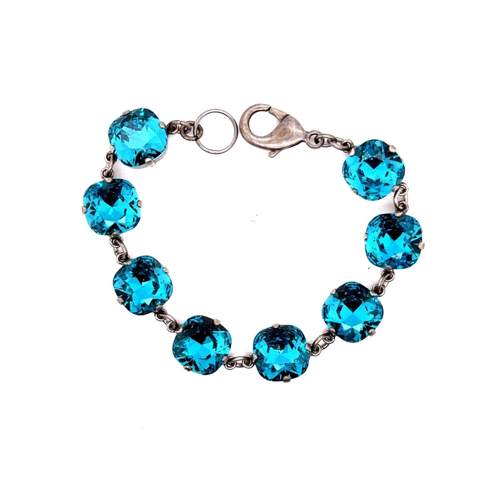 Blue Crystal Tennis Bracelet Cushion Cut Antiqued Silver Tone 7 Inch
